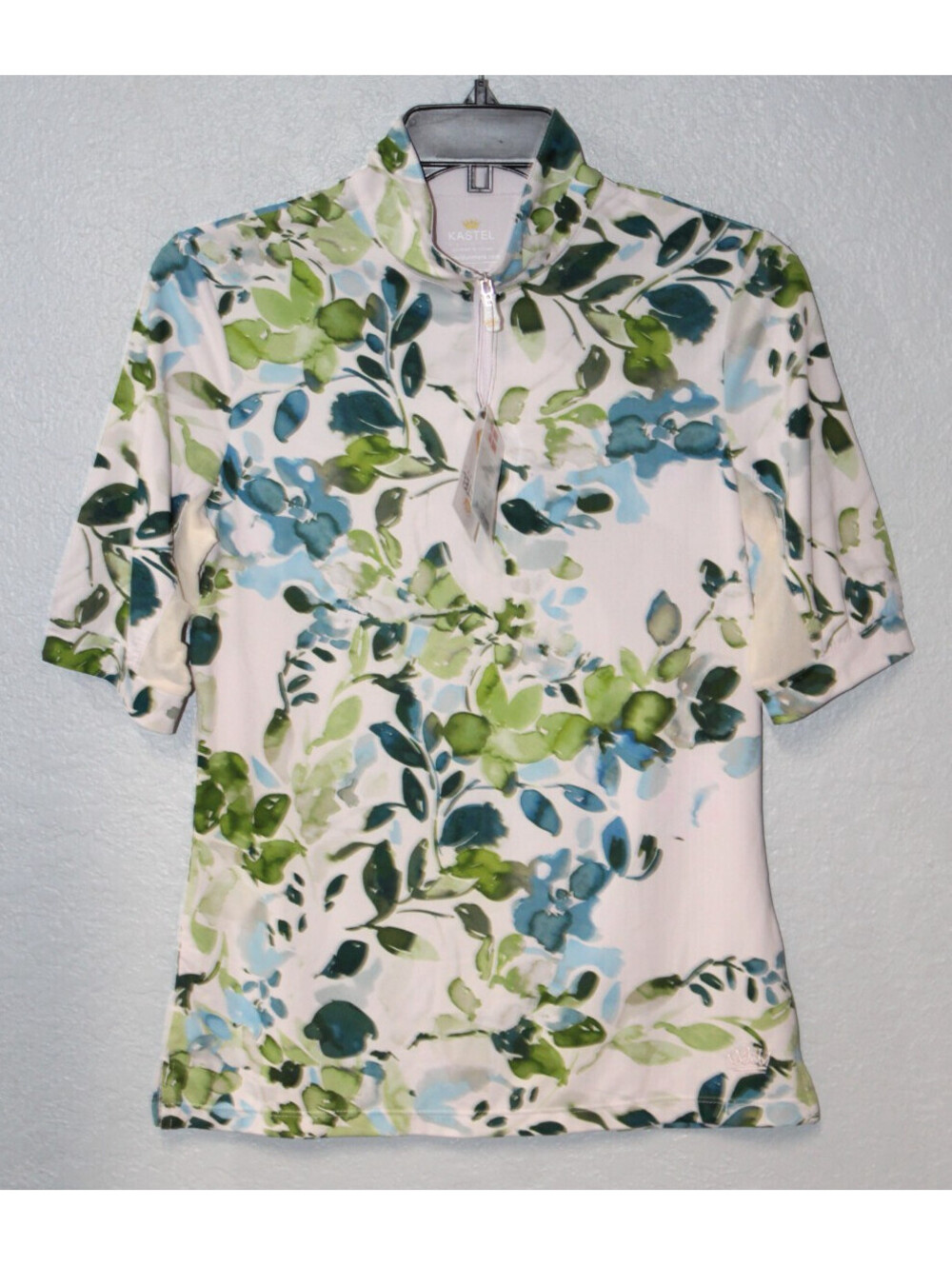 NEW Kastel Denmark Elbow Sleeve Watercolor Floral Sun Shirt 1/4 Zip Top SMALL